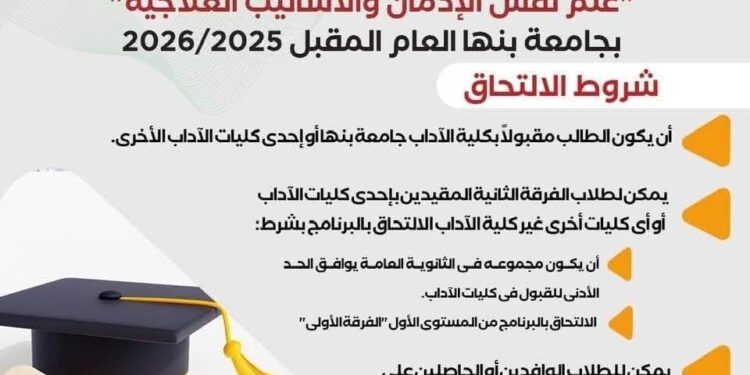 صندوق مكافحة الإدمان يعلن عن شروط التقديم لأول ليسانس متخصص على مستوى الشرق الأوسط لعلم نفس الإدمان بالتعاون مع جامعة بنها