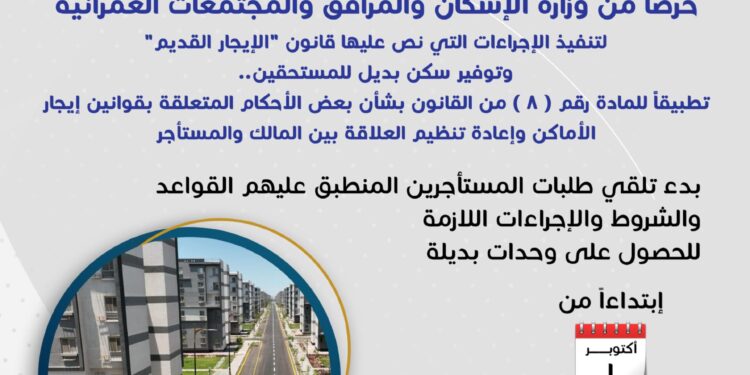 بالإنفوجراف: «الإسكان» توضح كيفية تلقي طلبات المستأجرين المنطبق عليهم قانون «الإيجار القديم» للحصول على وحدات بديلة في أول أكتوبر 2025 ولمدة 3 أشهر