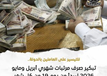 وزارة المالية تبكر صرف مرتبات أبريل ومايو ٢٠٢٦ يوم ١٩ من كل شهر للتيسير على المواطنين