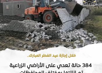 الزراعة: إزالات فورية 384 حالة تعدي على الأراضي الزراعية بمختلف المحافظات